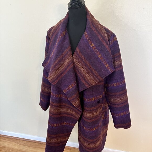 Womens Aztec Print Purple & Orange Striped Jacket Coat 1X Pockets Western Button - Picture 2 of 15